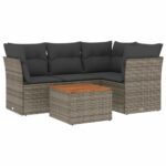 5-Piece Garden Sofa Set with Cushions Grey Poly Rattan Wicker Outdoor Patio Furniture