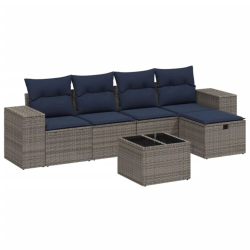 6-Piece Garden Sofa Set with Cushions Grey Poly Rattan Wicker Outdoor Patio Furniture - Image 6