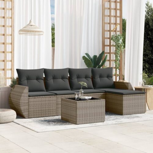 6-Piece Garden Sofa Set with Cushions Grey Poly Rattan Wicker Outdoor Patio Furniture - Image 2