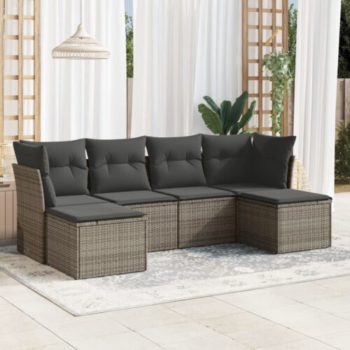 6-Piece Garden Sofa Set with Cushions Grey Poly Rattan Wicker Outdoor Patio Furniture - Image 2