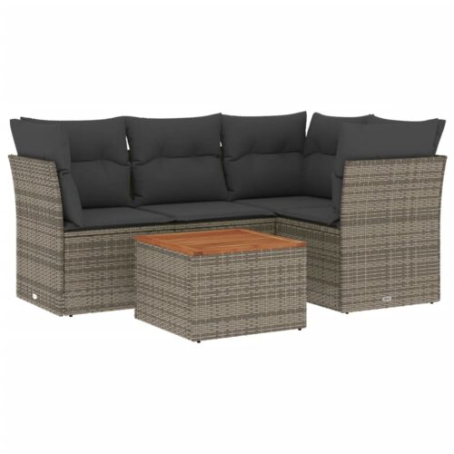 5-Piece Garden Sofa Set with Cushions Grey Poly Rattan Wicker Outdoor Patio Furniture - Image 5