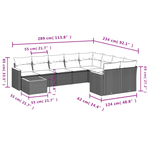 10-Piece Garden Sofa Set with Cushions Grey Poly Rattan Wicker Outdoor Patio Furniture - Image 8