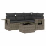 5-Piece Garden Sofa Set with Cushions Grey Poly Rattan Wicker Outdoor Patio Furniture