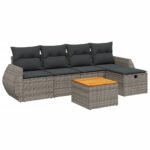 6-Piece Garden Sofa Set with Cushions Grey Poly Rattan Wicker Outdoor Patio Furniture