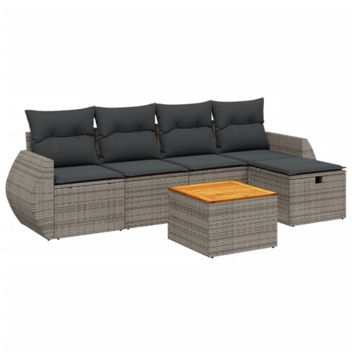 6-Piece Garden Sofa Set with Cushions Grey Poly Rattan Wicker Outdoor Patio Furniture