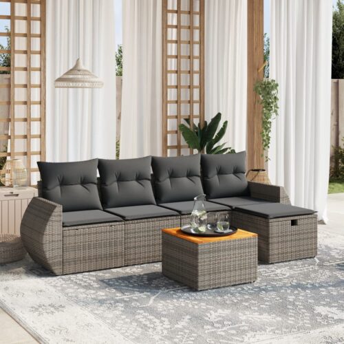 6-Piece Garden Sofa Set with Cushions Grey Poly Rattan Wicker Outdoor Patio Furniture - Image 2