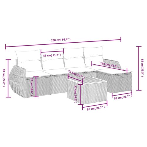 6-Piece Garden Sofa Set with Cushions Grey Poly Rattan Wicker Outdoor Patio Furniture - Image 4