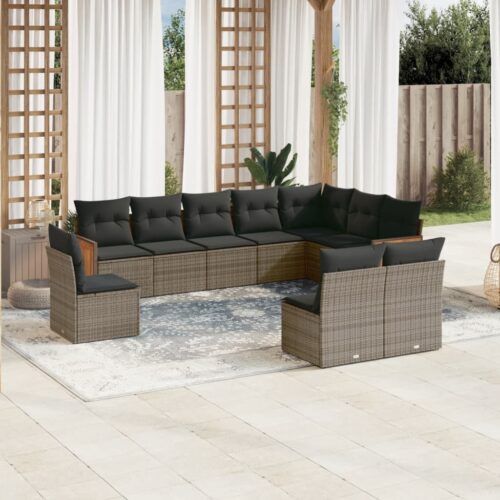 10-Piece Garden Sofa Set with Cushions Grey Poly Rattan Wicker Outdoor Patio Furniture - Image 2