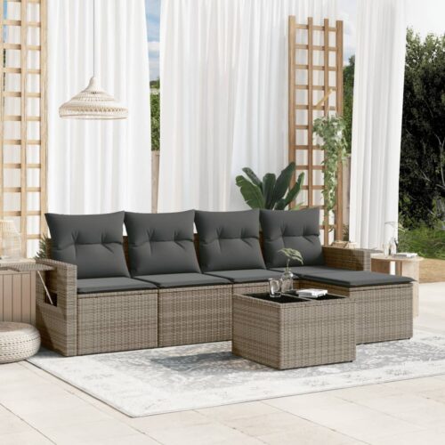 6-Piece Garden Sofa Set with Cushions Grey Poly Rattan Wicker Outdoor Patio Furniture - Image 2