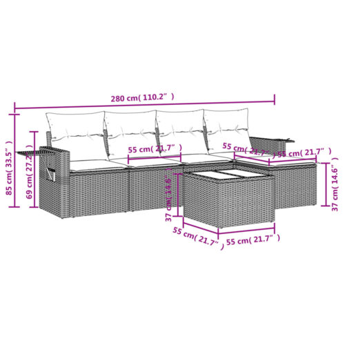 6-Piece Garden Sofa Set with Cushions Grey Poly Rattan Wicker Outdoor Patio Furniture - Image 3