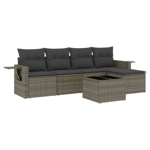 6-Piece Garden Sofa Set with Cushions Grey Poly Rattan Wicker Outdoor Patio Furniture - Image 5