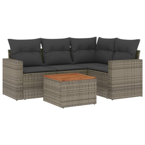 5-Piece Garden Sofa Set with Cushions Grey Poly Rattan Wicker Outdoor Patio Furniture