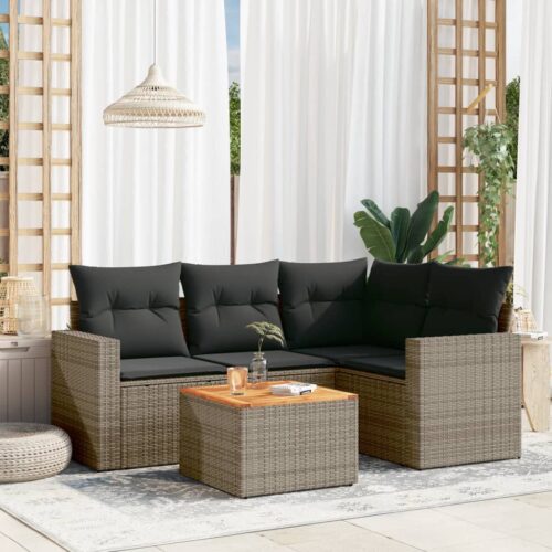 5-Piece Garden Sofa Set with Cushions Grey Poly Rattan Wicker Outdoor Patio Furniture - Image 2