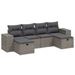 6-Piece Garden Sofa Set with Cushions Grey Poly Rattan Wicker Outdoor Patio Furniture