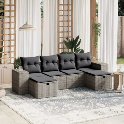 6-Piece Garden Sofa Set with Cushions Grey Poly Rattan Wicker Outdoor Patio Furniture - Image 2
