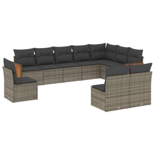 10-Piece Garden Sofa Set with Cushions Grey Poly Rattan Wicker Outdoor Patio Furniture - Image 13