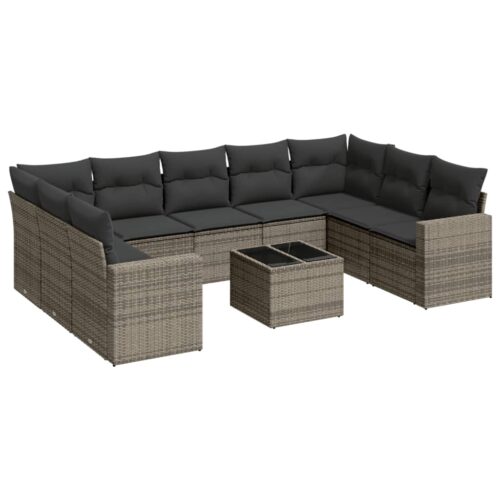 10-Piece Garden Sofa Set with Cushions Grey Poly Rattan Wicker Outdoor Patio Furniture