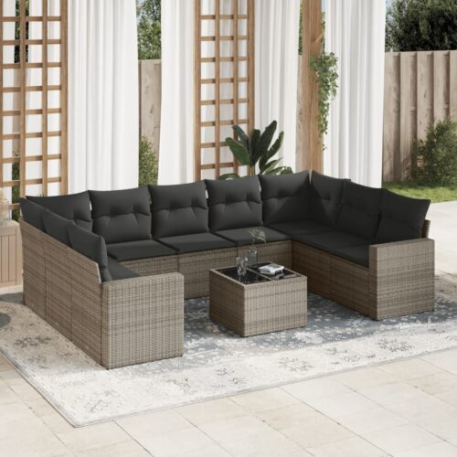 10-Piece Garden Sofa Set with Cushions Grey Poly Rattan Wicker Outdoor Patio Furniture - Image 2