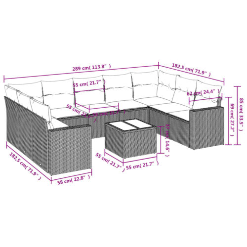 10-Piece Garden Sofa Set with Cushions Grey Poly Rattan Wicker Outdoor Patio Furniture - Image 3