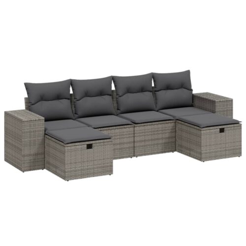 6-Piece Garden Sofa Set with Cushions Grey Poly Rattan Wicker Outdoor Patio Furniture - Image 6