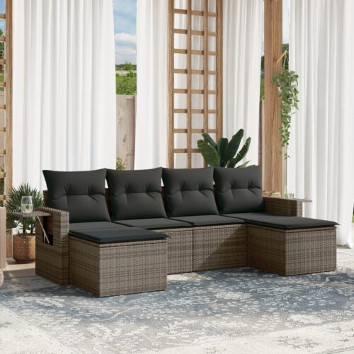 6-Piece Garden Sofa Set with Cushions Grey Poly Rattan Wicker Outdoor Patio Furniture - Image 2