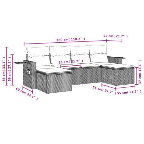 6-Piece Garden Sofa Set with Cushions Grey Poly Rattan Wicker Outdoor Patio Furniture - Image 3