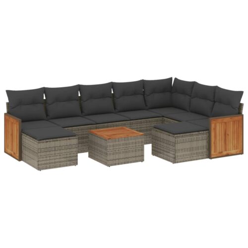 10-Piece Garden Sofa Set with Cushions Grey Poly Rattan Wicker Outdoor Patio Furniture