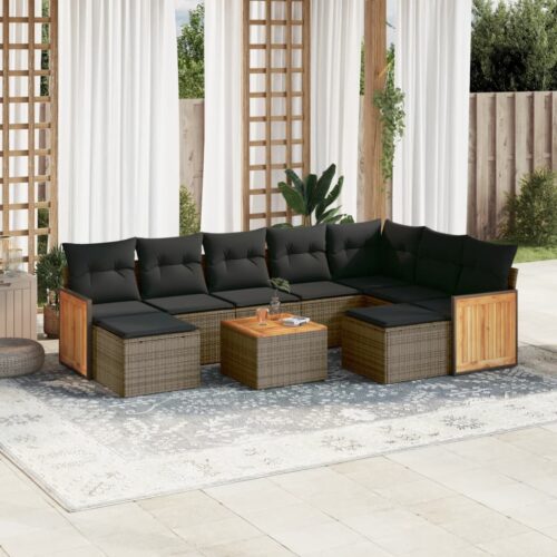 10-Piece Garden Sofa Set with Cushions Grey Poly Rattan Wicker Outdoor Patio Furniture - Image 2