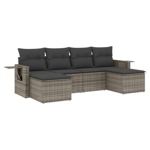 6-Piece Garden Sofa Set with Cushions Grey Poly Rattan Wicker Outdoor Patio Furniture - Image 5