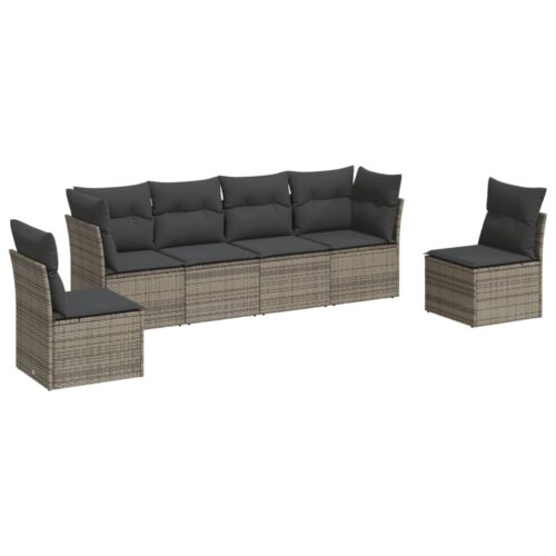 6-Piece Garden Sofa Set with Cushions Grey Poly Rattan Wicker Outdoor Patio Furniture