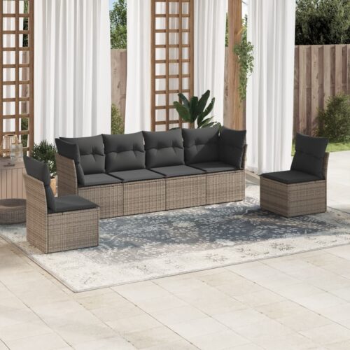 6-Piece Garden Sofa Set with Cushions Grey Poly Rattan Wicker Outdoor Patio Furniture - Image 2