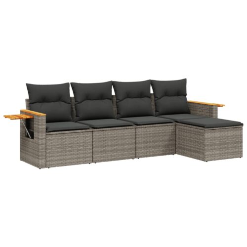 5-Piece Garden Sofa Set with Cushions Grey Poly Rattan Wicker Outdoor Patio Furniture