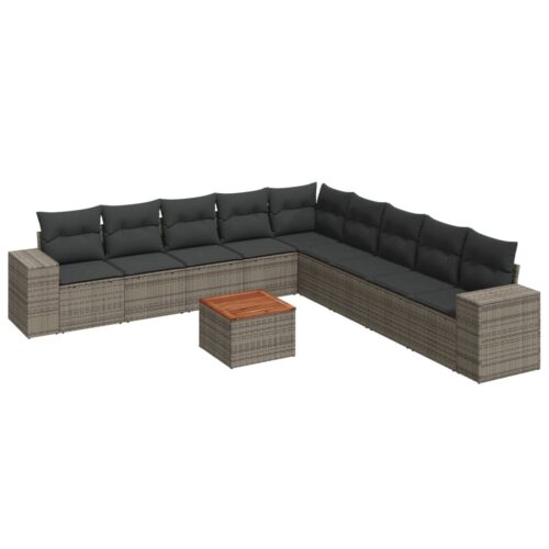 10-Piece Garden Sofa Set with Cushions Grey Poly Rattan Wicker Outdoor Patio Furniture