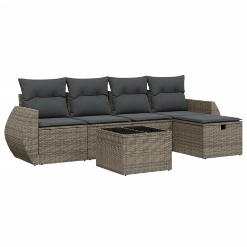 6-Piece Garden Sofa Set with Cushions Grey Poly Rattan Wicker Outdoor Patio Furniture