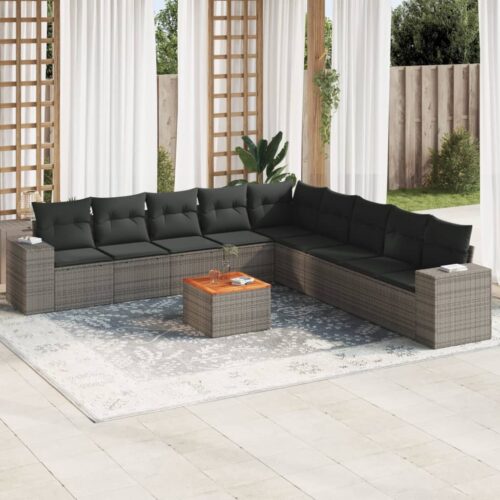 10-Piece Garden Sofa Set with Cushions Grey Poly Rattan Wicker Outdoor Patio Furniture - Image 2