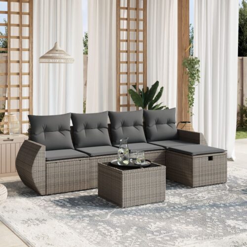 6-Piece Garden Sofa Set with Cushions Grey Poly Rattan Wicker Outdoor Patio Furniture - Image 2