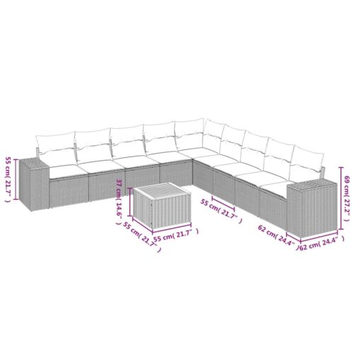 10-Piece Garden Sofa Set with Cushions Grey Poly Rattan Wicker Outdoor Patio Furniture - Image 3