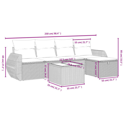 6-Piece Garden Sofa Set with Cushions Grey Poly Rattan Wicker Outdoor Patio Furniture - Image 4