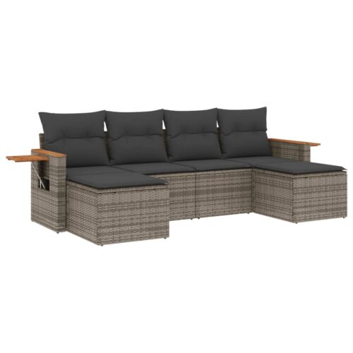 6-Piece Garden Sofa Set with Cushions Grey Poly Rattan Wicker Outdoor Patio Furniture
