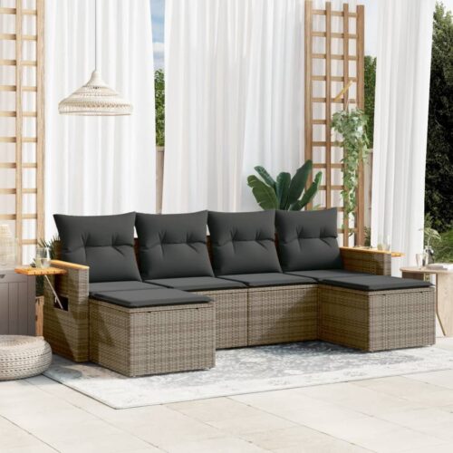 6-Piece Garden Sofa Set with Cushions Grey Poly Rattan Wicker Outdoor Patio Furniture - Image 2