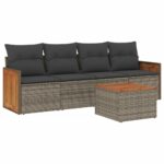 5-Piece Garden Sofa Set with Cushions Grey Poly Rattan Wicker Outdoor Patio Furniture