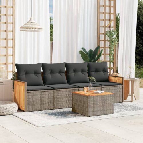 5-Piece Garden Sofa Set with Cushions Grey Poly Rattan Wicker Outdoor Patio Furniture - Image 2