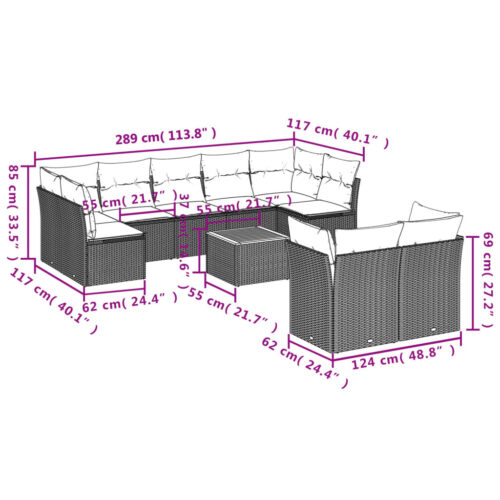 10-Piece Garden Sofa Set with Cushions Grey Poly Rattan Wicker Outdoor Patio Furniture - Image 3