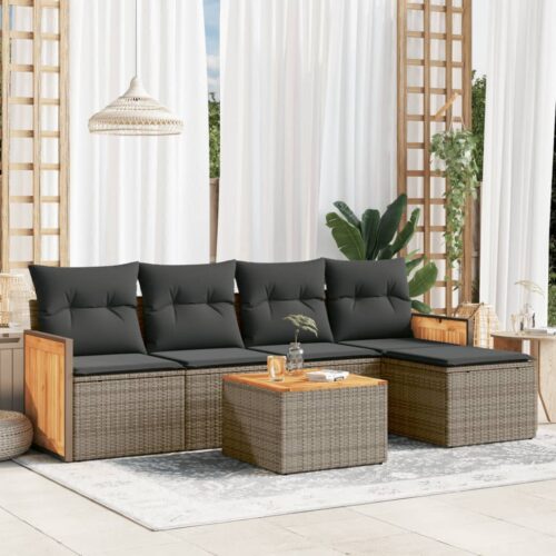 6-Piece Garden Sofa Set with Cushions Grey Poly Rattan Wicker Outdoor Patio Furniture - Image 2