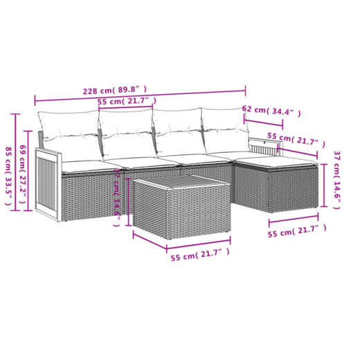 6-Piece Garden Sofa Set with Cushions Grey Poly Rattan Wicker Outdoor Patio Furniture - Image 3