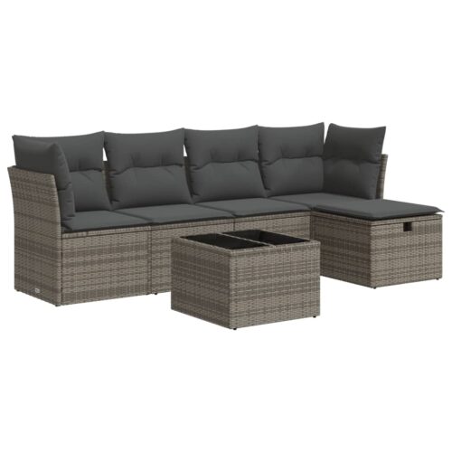6-Piece Garden Sofa Set with Cushions Grey Poly Rattan Wicker Outdoor Patio Furniture