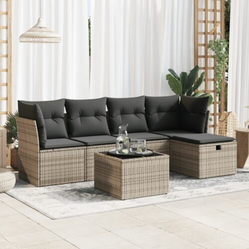 6-Piece Garden Sofa Set with Cushions Grey Poly Rattan Wicker Outdoor Patio Furniture - Image 2