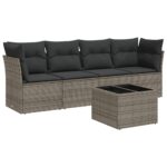 5-Piece Garden Sofa Set with Cushions Grey Poly Rattan Wicker Outdoor Patio Furniture