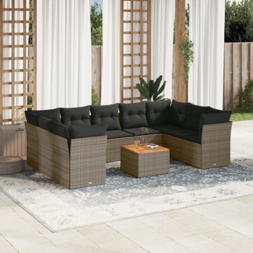 10-Piece Garden Sofa Set with Cushions Grey Poly Rattan Wicker Outdoor Patio Furniture - Image 2