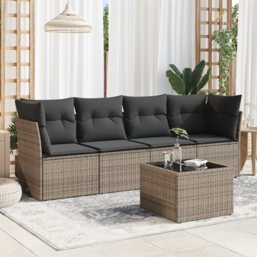 5-Piece Garden Sofa Set with Cushions Grey Poly Rattan Wicker Outdoor Patio Furniture - Image 2